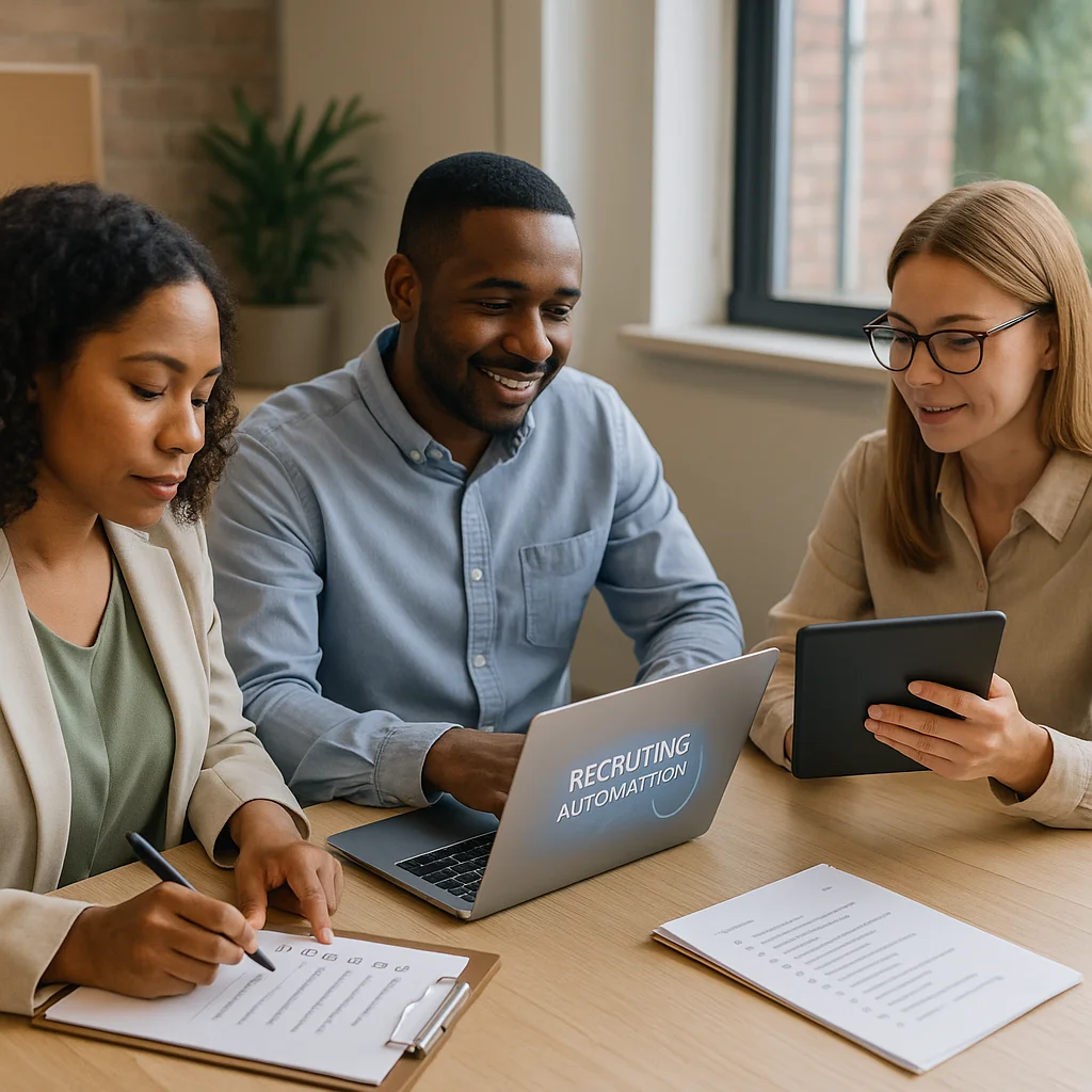 Three colleagues sit at a wooden table reviewing documents and a tablet while one points at a laptop screen displaying the text 'Recruiting Automation.'